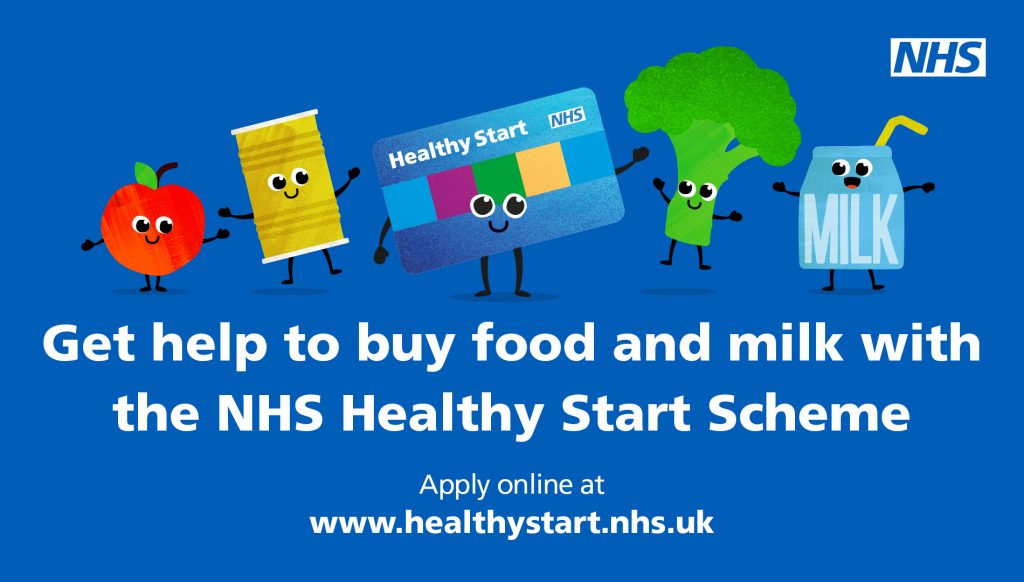 Cartoon images of fruit and other food with faces to promote the NHS Healthy Start Scheme