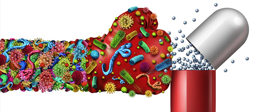 Microbes depicted as a hand punching antibiotics 