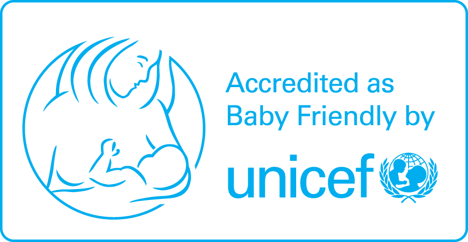 Baby Friendly accreditation logo from Unicef. Image of woman breastfeeding a baby.