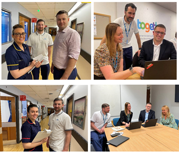 Collage of four images: 
Top left - nurse, therapist and man in a shirt stood in a ward corridor
Top right - three people huddled around a laptop 
Bottom left - nurse and therapist stood in a ward corridor 
Bottom right - four people around two laptops in an office room