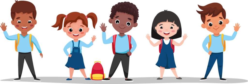 Cartoon image of five school age children waving.