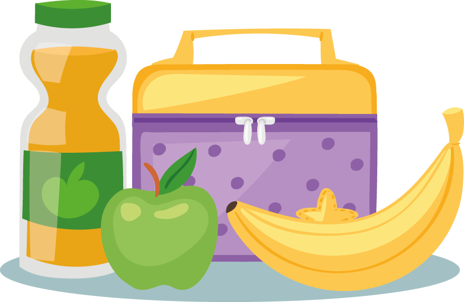 Cartoon image of a lunch box, fruit and juice bottle.