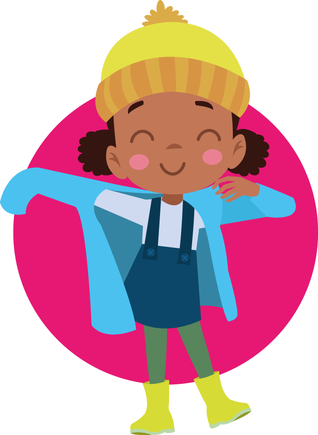 Cartoon image of young girl putting her coat on.