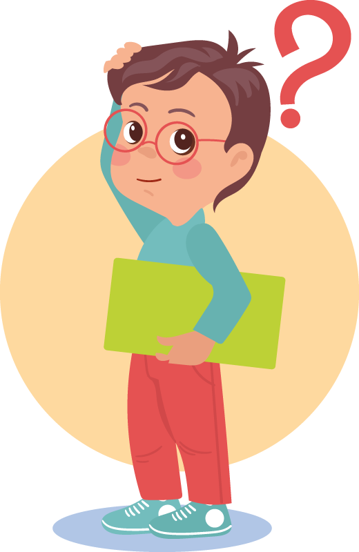Cartoon image of boy wearing glasses with his hand on his head.