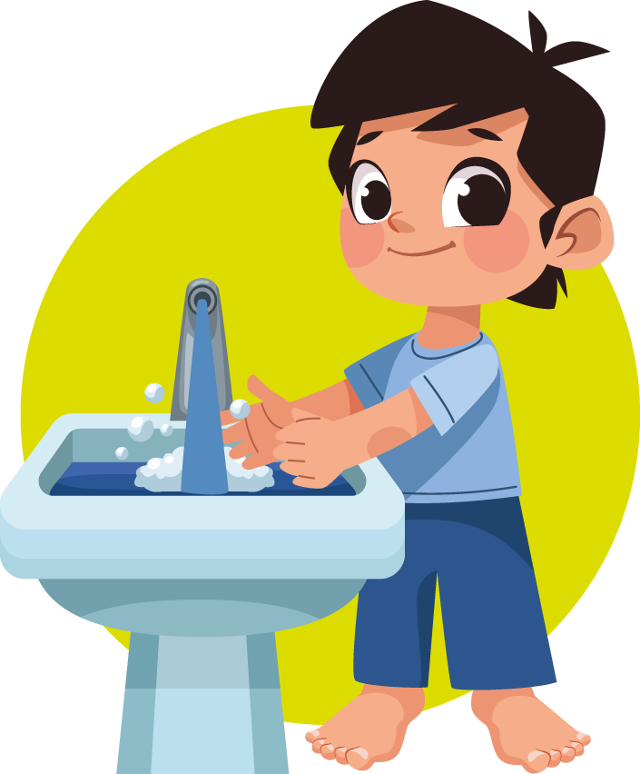 Cartoon image of a young boy washing his hands at the sink.