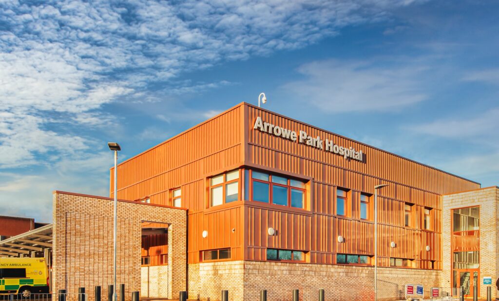 Arrowe Park hospital building and ambulance bay