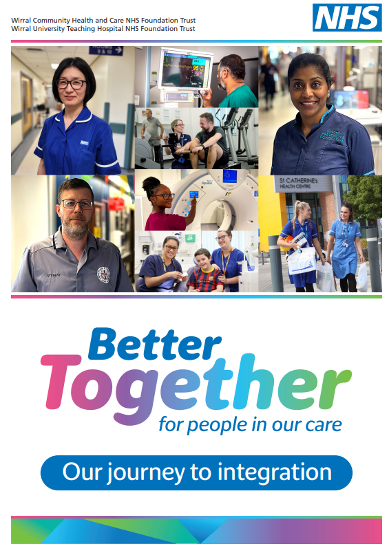 This is the cover of a document called - ABetter Together for people in our care, our journey to integration. It contains photographs of different NHS staff in uniforms dong various jobs.