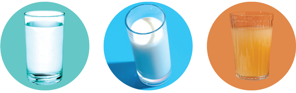 Graphic of three drinks - water, milk and orange juice.