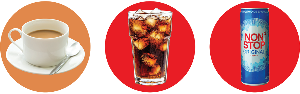 Graphic of three drinks - tea, cola and energy drink.