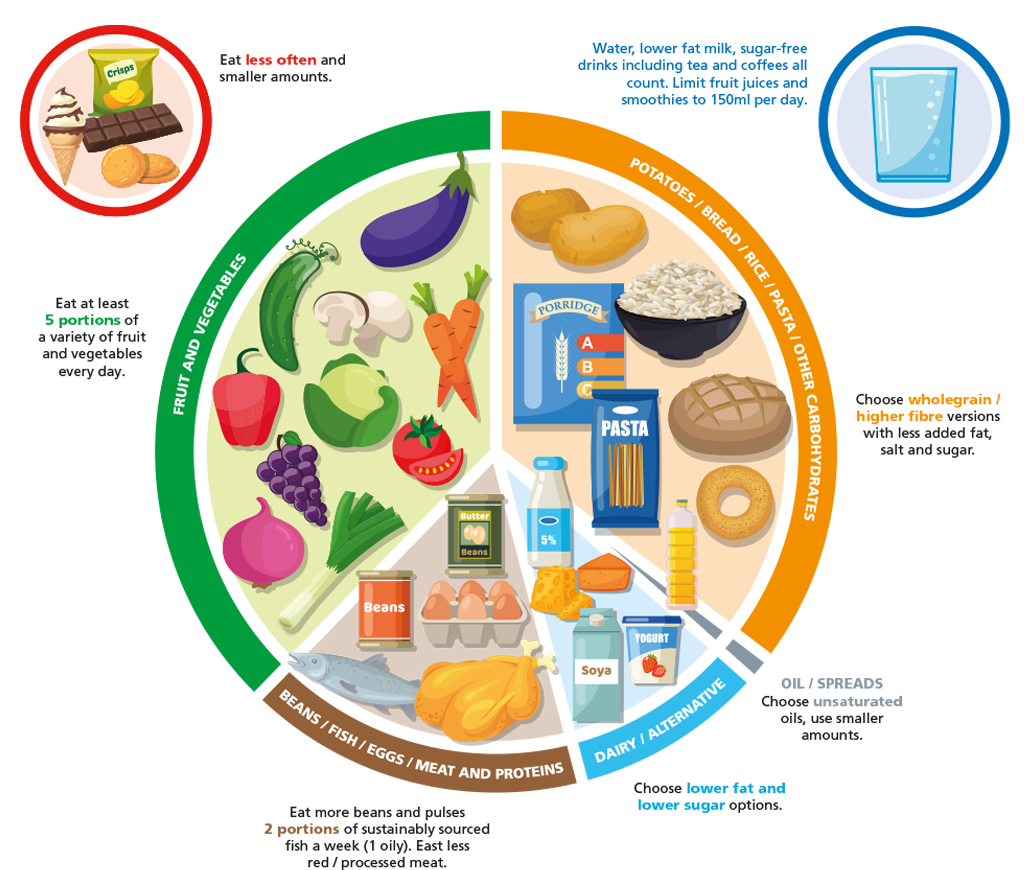 The Eatwell Plate - a pictorial summary of the main food groups and their recommended proportions for a healthy diet.