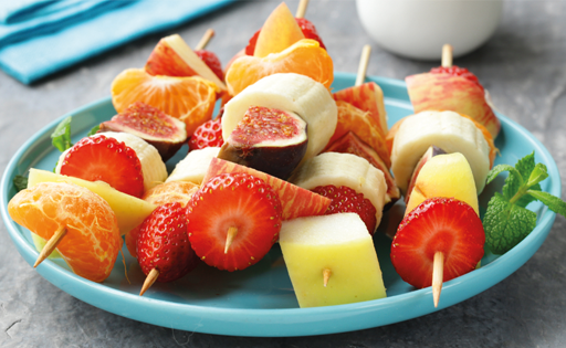 Photograph of fruit kebabs.