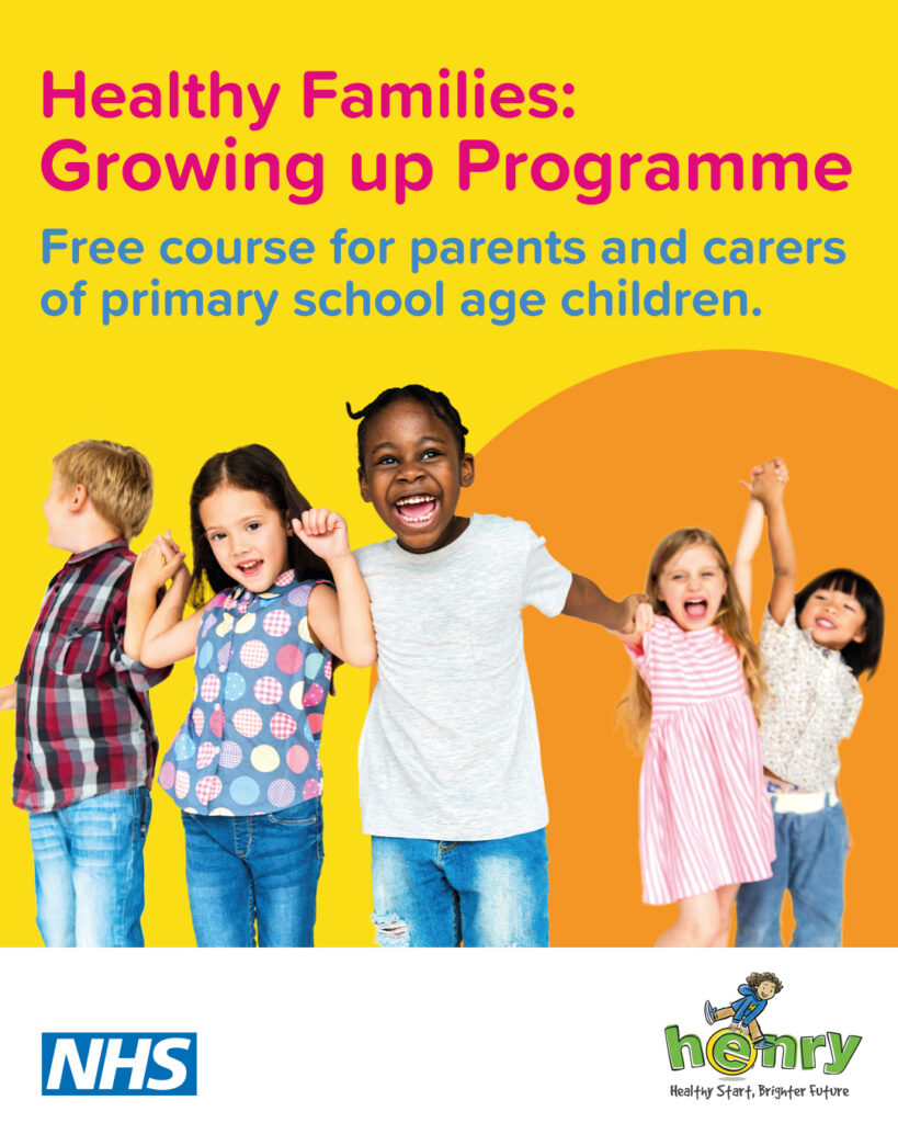 Image of five children smiling and holding hands.
Text reads: Healthy Families Growing Up Programme
Free course for parents and carers of primary school age children.