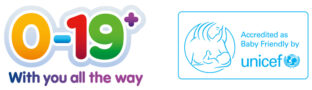 0-19+ logo and Unicef baby friendly accreditation logo
