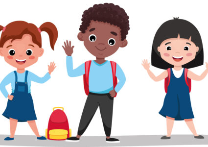 Cartoon children waving and smiling.