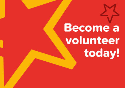 Orange star on a red background. Text reads: Become a volunteer today!
