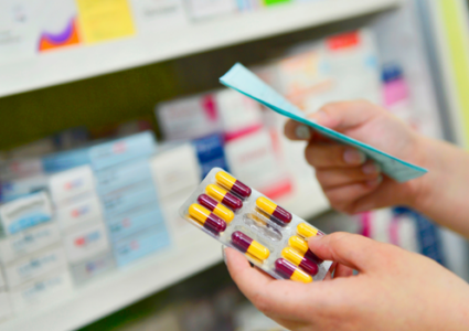 Pharmacy shelves with prescriptions